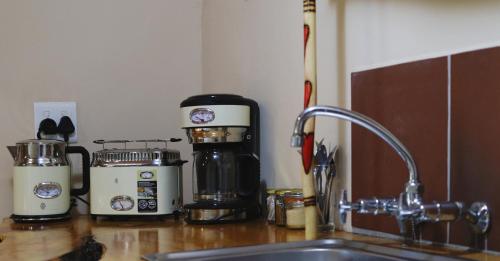a kitchen counter with a coffee maker and a sink at Away with the Fairies Nature Lodge and Backpackers in Hogsback