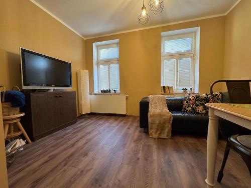 a living room with a couch and a flat screen tv at Apartmány za Královskou mincovnou in Jáchymov