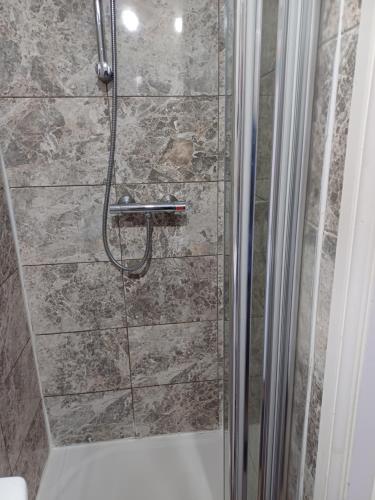 a bathroom with a shower with a glass door at Studio Apartment in London in Edmonton