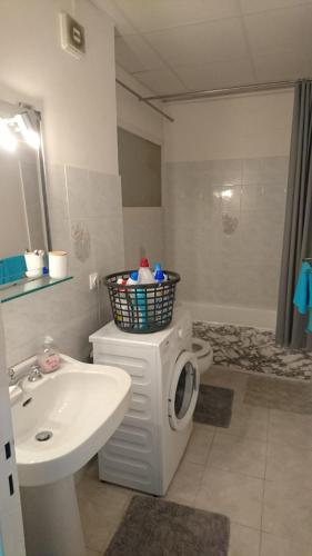 une salle de bain avec un lavabo et une machine à laver dans l'établissement Cannes proche croisette, à Cannes