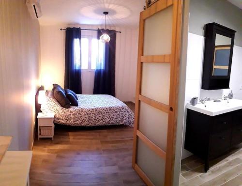 een slaapkamer met een bed, een wastafel en een spiegel bij Aillan Hervé villa avec piscine privée chauffée in Mirabel-aux-Baronnies