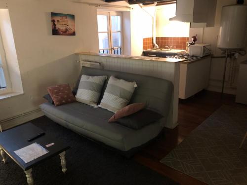 - un salon avec un canapé et des oreillers dans l'établissement Appart Hôtel Le Victor Hugo 3 G sa pizza offerte, à Aurillac