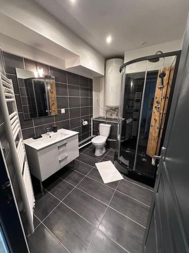 une salle de bain avec toilettes, lavabo et douche dans l'établissement F2 centre-ville Netflix, Disney plus, à Amiens