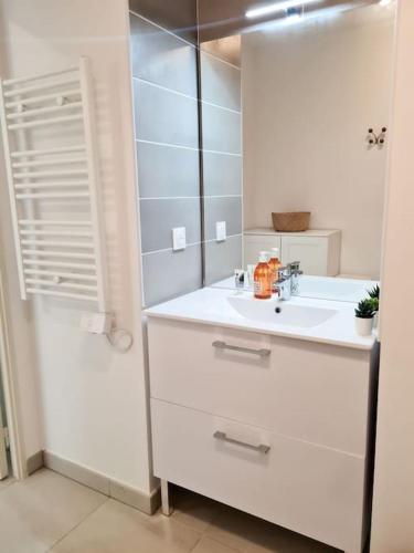 une salle de bain blanche avec un lavabo et un miroir dans l'établissement Magnifique Appartement - Parking privé - Nice, à Nice