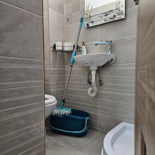 a bathroom with a mop next to a sink at Garsoniera in Râmnicu Vâlcea