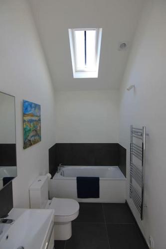 a bathroom with a toilet and a tub and a sink at The Lambing Shed, Converted Barn nr Little Haven in Haverfordwest