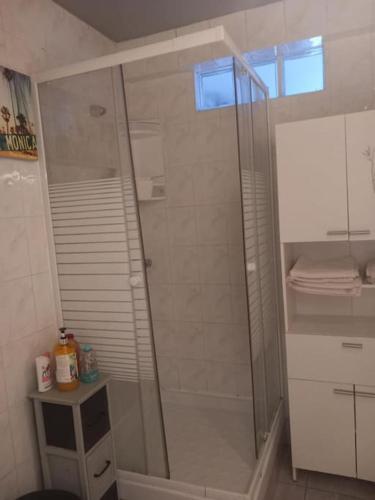 une douche avec une porte vitrée dans une salle de bain dans l'établissement Appartement premium, à Montreuil