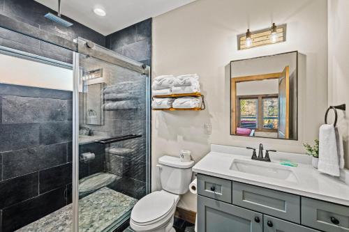 a bathroom with a shower and a toilet and a sink at Downtown Dreamin in Gatlinburg