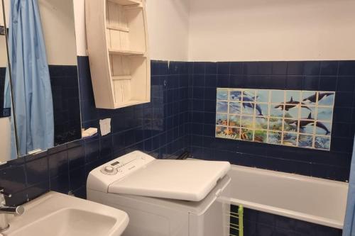 une salle de bain avec toilettes, lavabo et baignoire dans l'établissement Le petit Géromois - Free parking, à Gérardmer