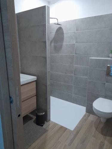 une salle de bain avec des toilettes blanches et un lavabo dans l'établissement Villa spacieuse à Zonza avec piscine privée, à Conca