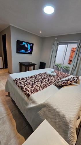 a bedroom with a large bed and a flat screen tv at Hotel Firenze in Necochea
