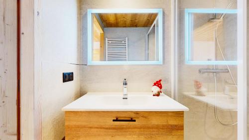 a bathroom with a sink and a mirror and a shower at Localisation centrale et vue spectaculaire in Champagny-en-Vanoise
