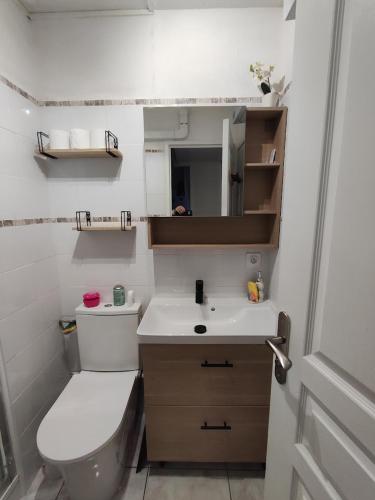 une petite salle de bain avec toilettes et lavabo dans l'établissement Charmant appartement à Sainte Marie la mer (66470), à Sainte-Marie-Plage
