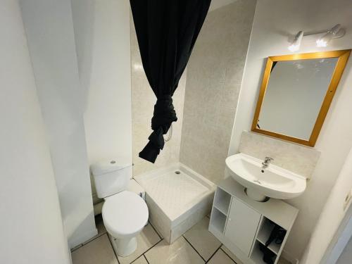 une petite salle de bain avec toilettes et lavabo dans l'établissement Banyo, Studio 1p proche centre ville, à Caen