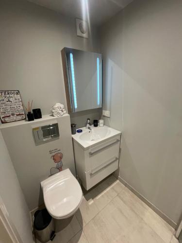 a bathroom with a white toilet and a sink at Bingo apartaments in Hønefoss