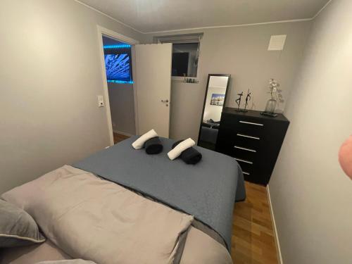 a bedroom with a bed and a dresser and a mirror at Bingo apartaments in Hønefoss