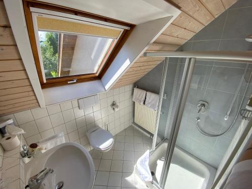 a bathroom with a shower and a toilet and a sink at Hotel Sonnengarten Apartments in Überlingen