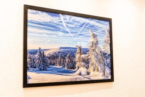 a picture frame hanging on a wall with snow covered trees at SKS plus in Pale