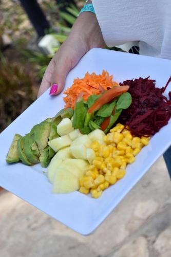 a person holding a plate of vegetables on a plate at Hotel Del Dique in Coronel Moldes