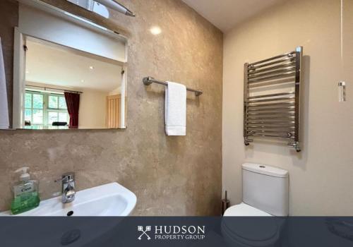 a bathroom with a sink and a mirror and a toilet at Beautiful Cottage in the Heart of Shrewsbury in Shrewsbury
