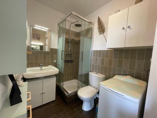 une salle de bain avec toilettes, douche et lavabo dans l'établissement studio cosy avec parking 100m plage, à Fréjus