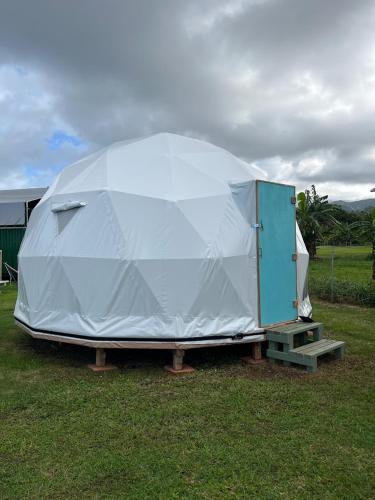 a white tent with a blue door in a field at North Shore Glamping Camping Laie, Oahu, Hawaii in Laie