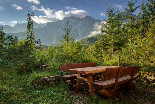 a wooden picnic table and bench in the mountains at Chalet Romantic in Zgornje Jezersko