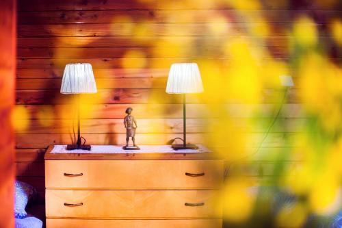 a table with a lamp on top of a dresser at Chalet Romantic in Zgornje Jezersko