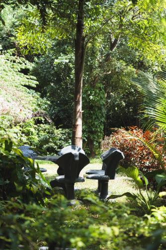 a park with three black umbrellas in the grass at Sundaras Sigiriya Jungles Caves Resort in Dambulla