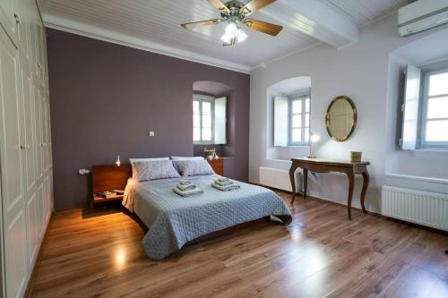 a bedroom with a bed and a ceiling fan at Erika's home in Leonidio