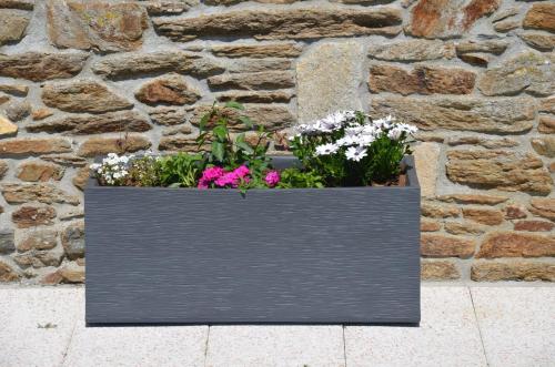 a black planter with flowers in front of a stone wall at Maison charmante à Botsorhel avec jardin clôturé de 31 m² in Botsorhel