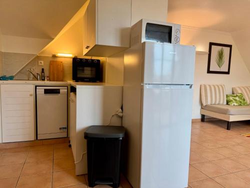 a kitchen with a white refrigerator and a microwave at Kaz Caraïbes spacieuse, accès piscine et plage - Résidence in Sainte-Luce