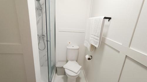 a white bathroom with a toilet and a shower at Fulforth St Studio Apartments in Nottingham