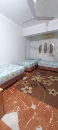 three beds in a room with a carpet at Villa Rose-Luxor in Luxor