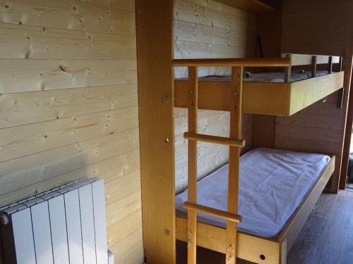 拉图多韦尔尼Belle roulotte de style chalet au coeur du Sancy的木屋里的一张双层床