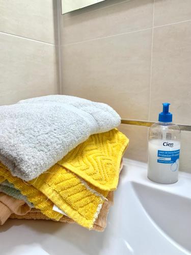 a towel and a bottle of soap on a bathroom sink at Apartamento en Gibaja in Gibaja