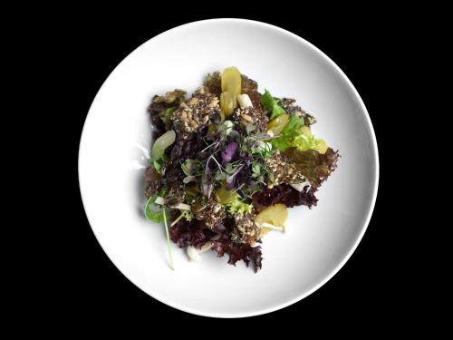 a white plate with a salad on a black background at Beausite Park Hotel & Spa in Wengen
