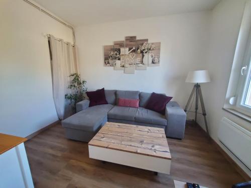 un salon avec un canapé et une table basse dans l'établissement Appartement lumineux en centre-ville, à Neuves-Maisons