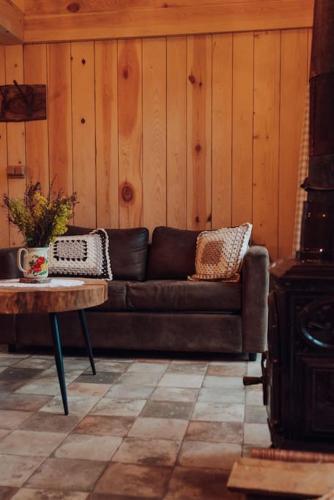 a living room with a brown couch and a table at Iglasta chata in Warszkowo