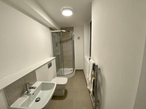 ein Badezimmer mit Toilette, Waschbecken und Dusche in der Unterkunft Ranmoor Serviced Apartments at Wilkinson Lane- The Burlington Suite in Sheffield