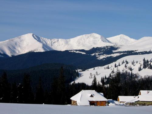 a snow covered mountain range with a house in the foreground at Pensiunea Nechita in Şanţ