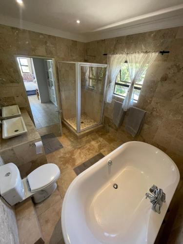 a bathroom with a tub and a toilet and a shower at Bird's View Guest Accommodation in Hermanus