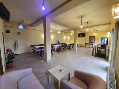 a living room with couches and a table and chairs at PENSIUNEA LEIA Transfăgărășan in Cîrţişoara