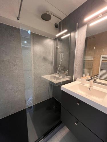 une salle de bain avec un lavabo et un miroir dans l'établissement Ski in-ski out-in the centre of Oz Station, à Oz