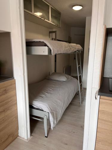 une chambre avec deux lits superposés et une échelle dans l'établissement Ski in-ski out-in the centre of Oz Station, à Oz