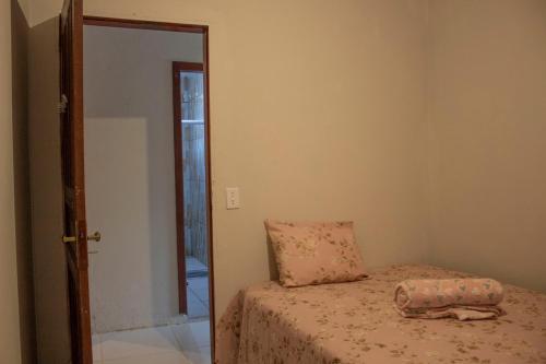 a bedroom with a bed with a pillow and a mirror at Casa c Wi-Fi a 10min do centro historico de Paraty in Trindade