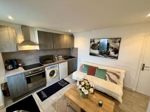 a living room with a couch and a kitchen at appartement Riorges 35 m2 1 chambre in Riorges