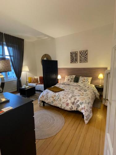 une chambre avec un lit et un bureau dans l'établissement Studio cosy- Calme et confort au cœur de Mulhouse, à Mulhouse