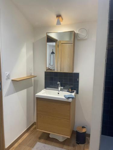 ソミュールにあるChez Juliette - Maison et jardin - bord de Loire à Saumurの洗面台と鏡のあるバスルーム