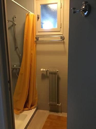 a bathroom with a shower curtain and a window at Le Gîte de Mellonia - 7 chambres in Pouzauges